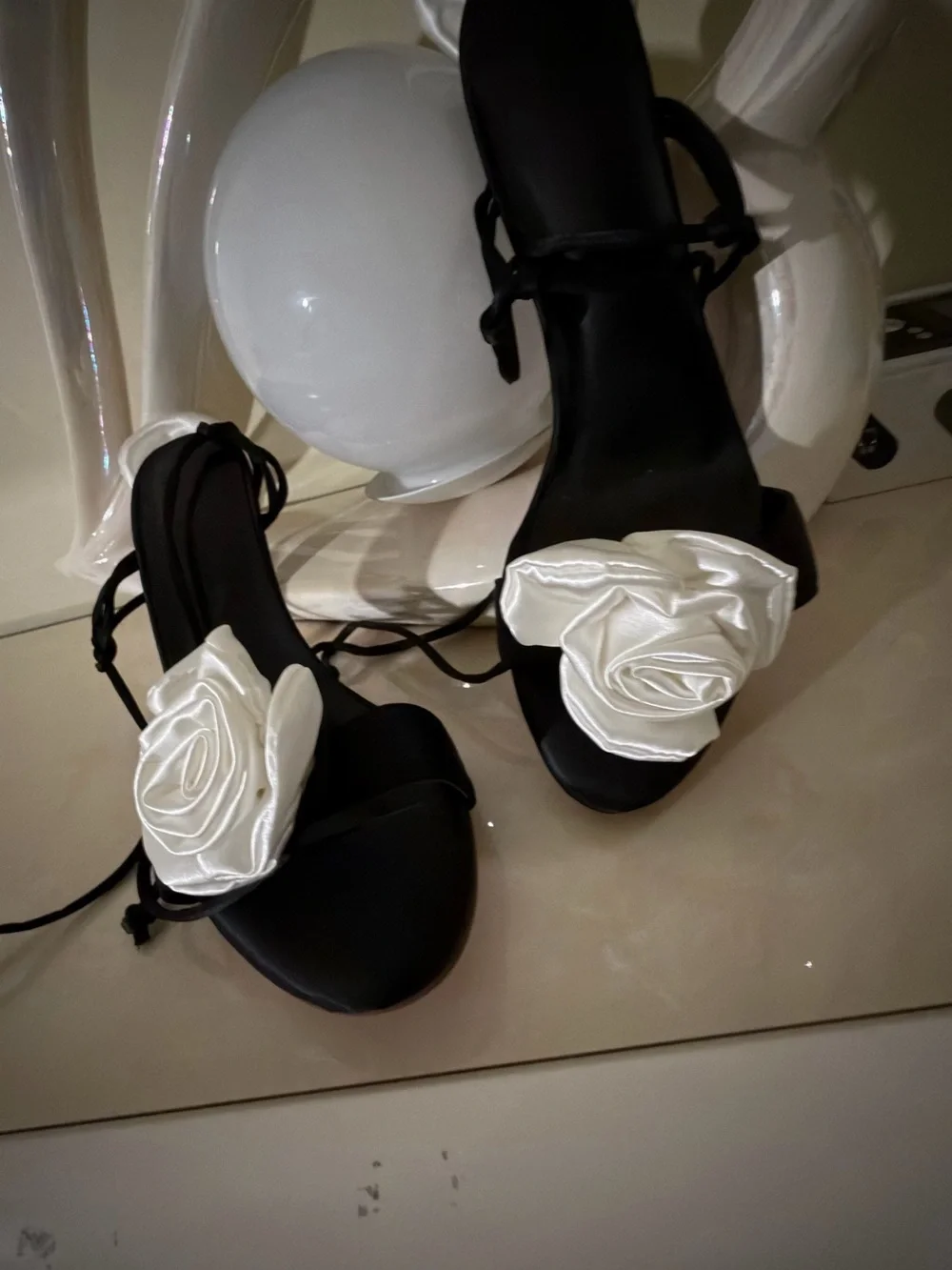Black Evening Sandals with White Rose Accent